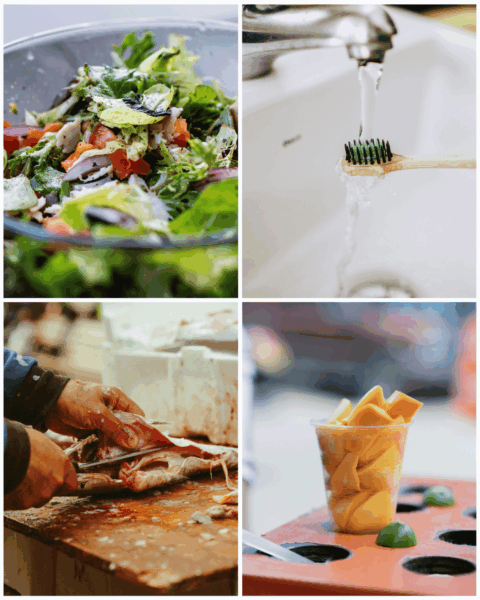 Collage met rauwe vis, ongewassen salade, kraanwater en straatvoedsel ter illustratie van besmettingsbronnen van buiktyfus.