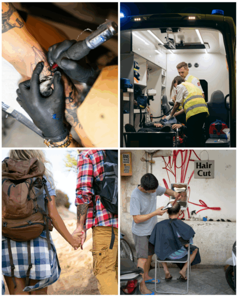 Collage met beelden van tatoeëren, medische hulp in een ambulance, reizigers die hand in hand lopen en een straatkapper, als illustratie van risicosituaties voor hepatitis B.